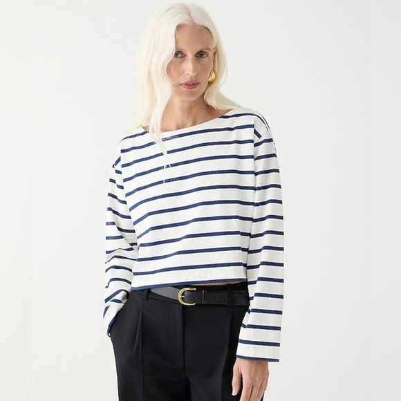 J. Crew Tops - J. Crew Cropped Blue White Stripe Long Sleeve Shirt M